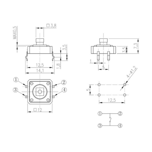 Tactile Button Leaded 12x12x7.3mm – 5 Pieces - Image 3
